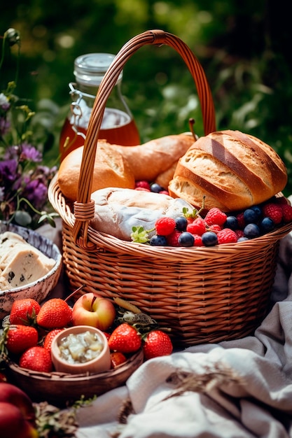 Picnic basket overflowing with delicious food Generative Ai