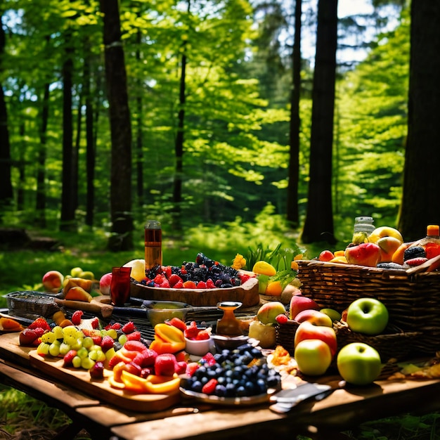 Picnic basket overflowing with delicious food