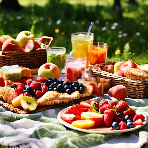 Picnic basket overflowing with delicious food