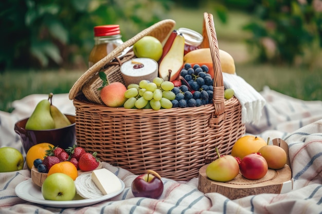 Picnic basket overflowing with treats including fresh fruit and cheeses