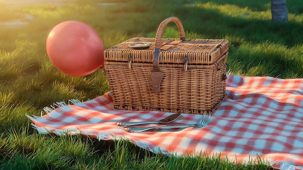 Picnic basket on park grass