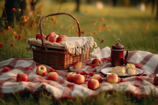 A picnic basket with apples on a blanket in a park