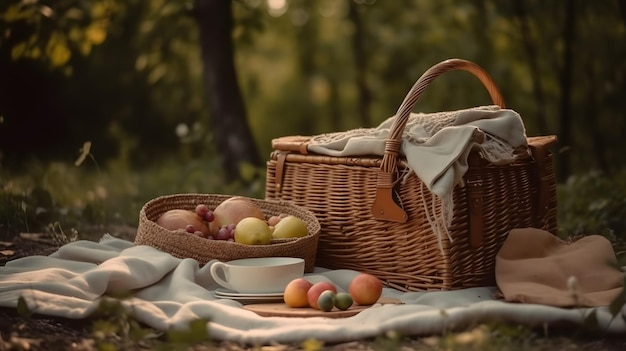 Picnic basket with a basket of fruit and a basket of apples on a blanket.