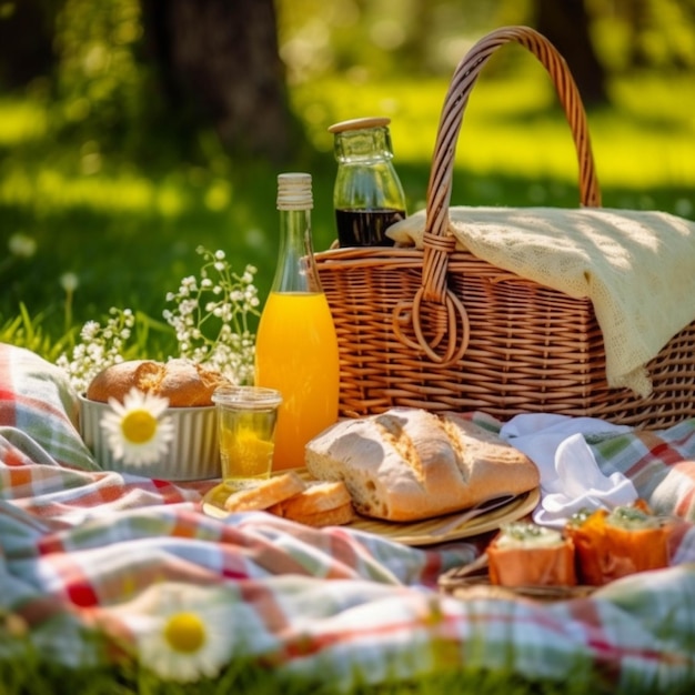 Picnic basket with bread orange juice and cheese on green grass