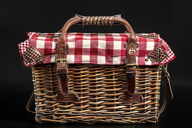 a picnic basket with a checkered cloth on top