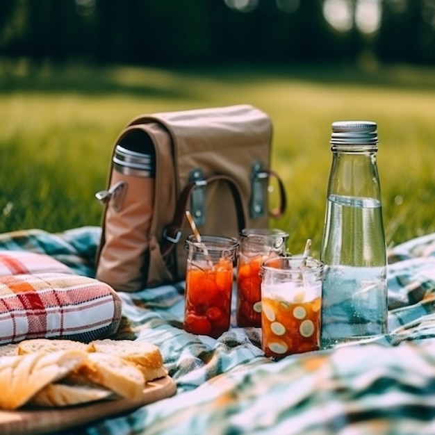 Picnic basket with food and drink on a blanket in the park