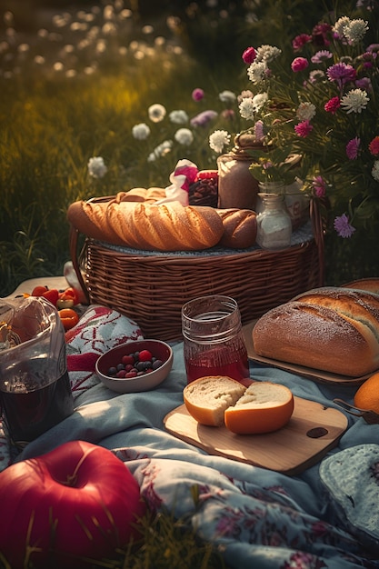 Picnic basket with fruit and bakery on cloth in garden AI generated