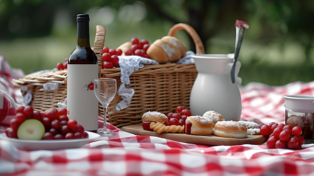 Picnic basket with grapefruit and wine on the grass