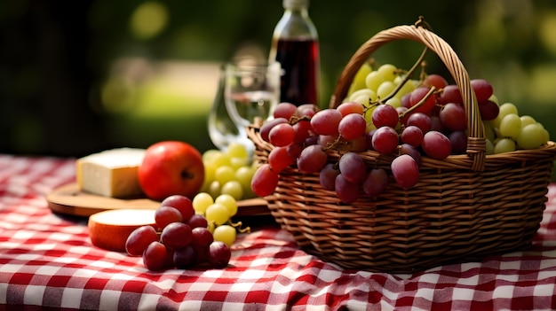 Picnic basket with grapefruit and wine on the grass