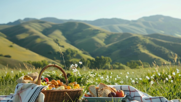 Picnic Basket with Healthy Meal in Lush Green Meadow