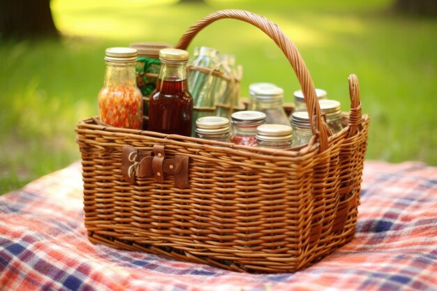 Picnic basket with homemade soda bottles peeking out created with generative ai