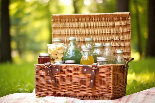 Picnic basket with homemade soda bottles peeking out created with generative ai