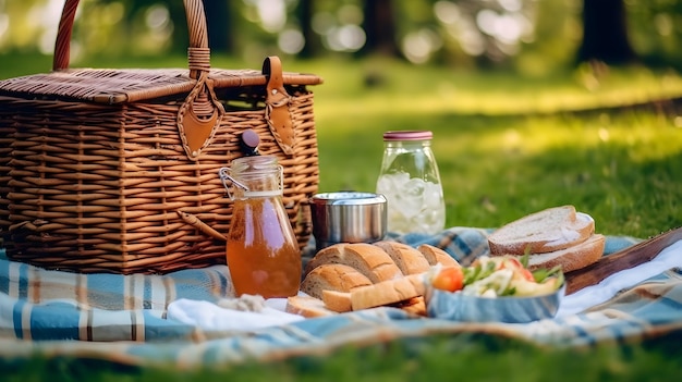 Picnic basket with honey bread and butter on grass