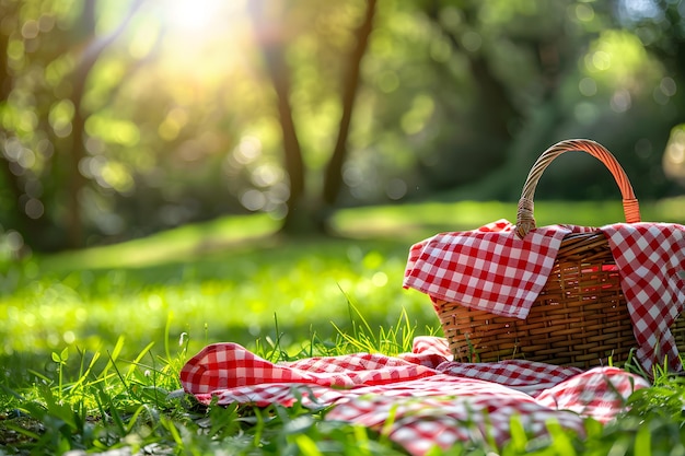 Photo a picnic basket with a red checkered cloth in the grass