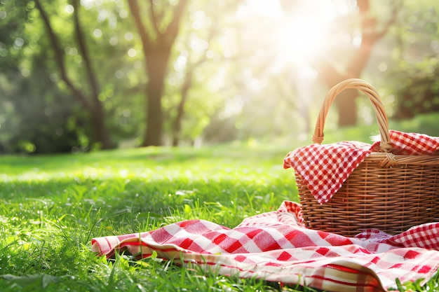 Photo a picnic basket with a red and white checkered cloth in the grass