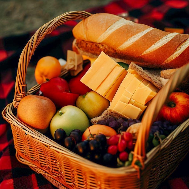 A picnic basket with sandwiches fruits cheese and on a checkered blanket