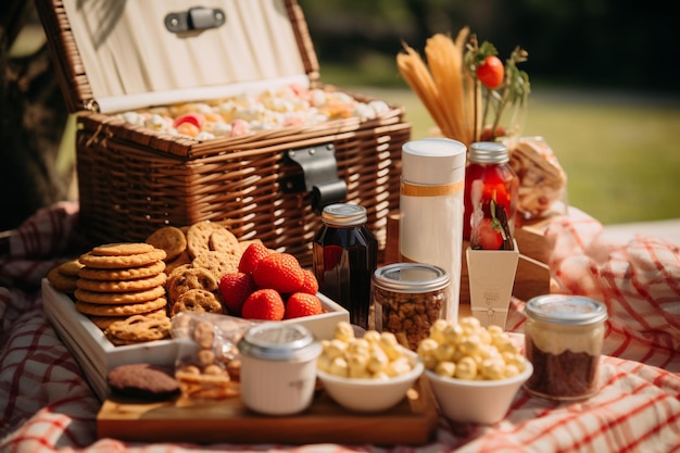 Photo picnic basket with a variety of foods