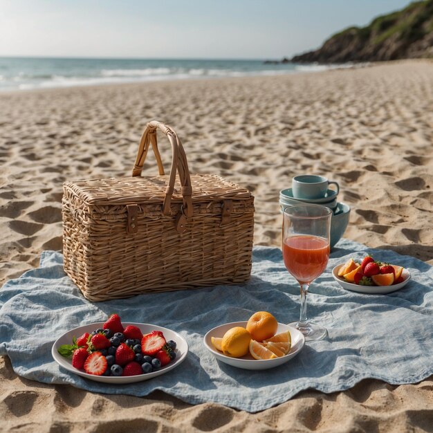 Photo a picnic on a beach with a basket of fruit and a drink