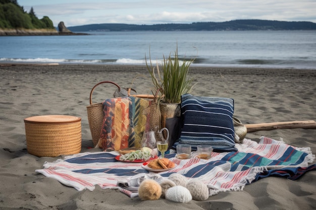 Picnic on the beach with blanket basket and cooler in sight created with generative ai