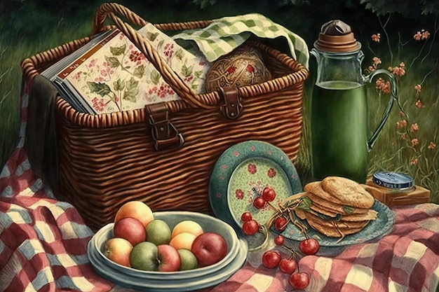 Picnic blanket and basket filled with treats for two people created with generative ai