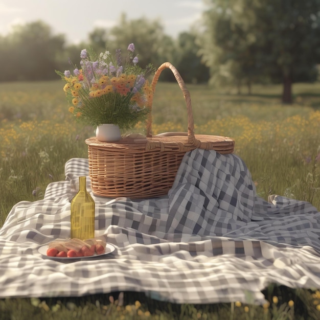 a picnic blanket with a basket of flowers and a bottle of wine