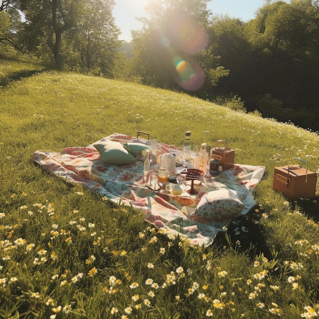 Photo a picnic blanket with food and a basket of bread on it