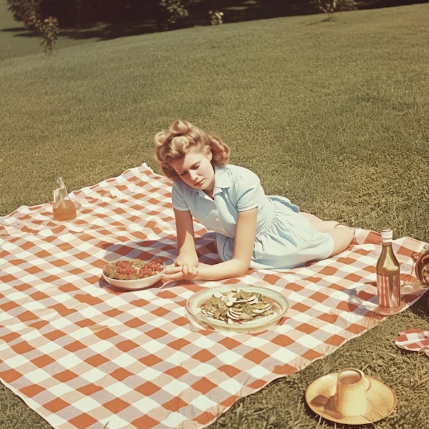 Photo a picnic blanket with food and a basket of bread on it