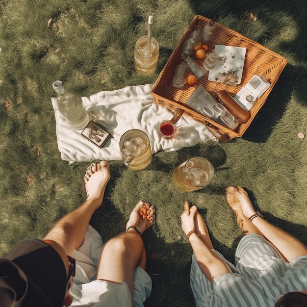 Photo a picnic blanket with food and a basket of bread on it