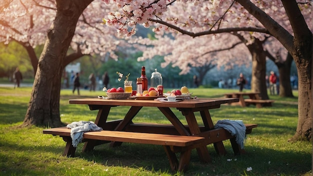 Picnic under cherry blossom realistic photo