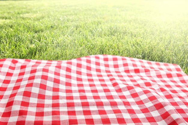 Picnic cloth on green grass background empty space