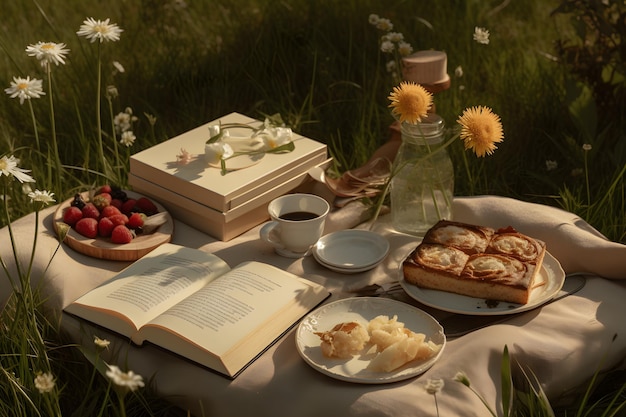 A picnic in a field of flowers with an open book