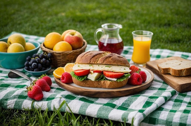 Photo picnic food bread fruits plate chopping board table cloth on green turf