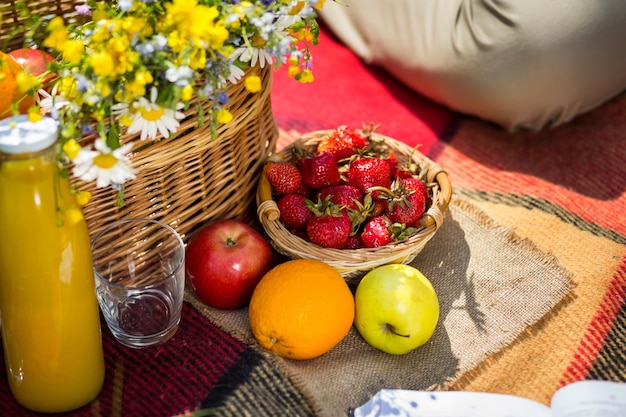 Picnic on the grass juice a bouquet of wild flowers fruitPicnic at the park on the grasshealthy food and accessoriesPicnic Grass Summer Time Rest