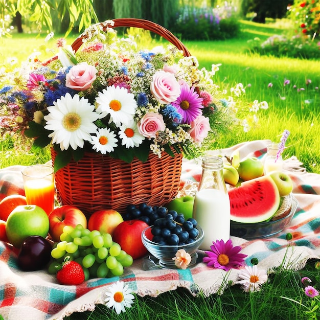 A picnic on a green meadow with a basket of fruits and flowers