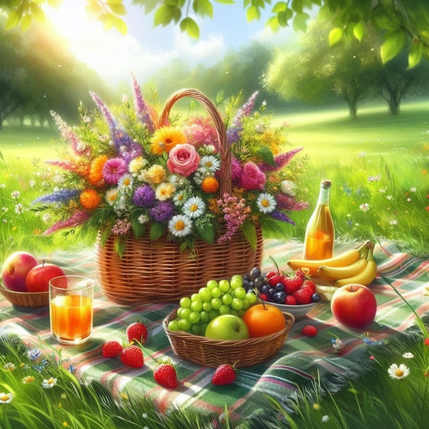 A picnic on a green meadow with a basket of fruits and flowers