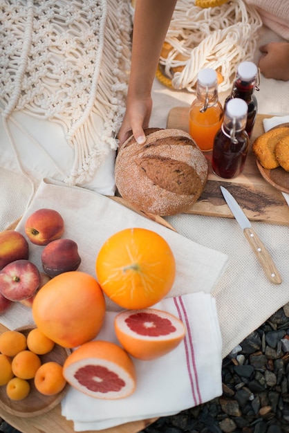 Picnic on the lake shore, a blanket with a basket, fruit and juice