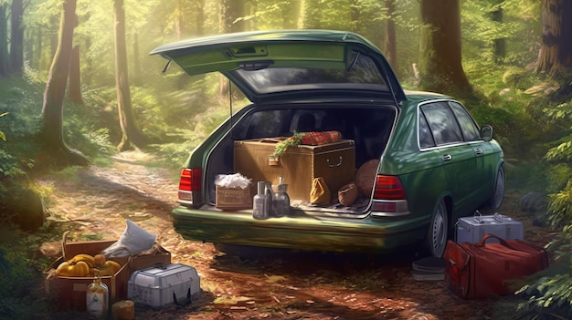 Picnic open car baggage forest photorealistic Al generated