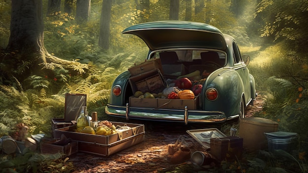 Picnic open car baggage forest photorealistic Al generated