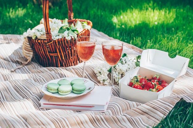 Picnic outdoor with tasty food and wine Weekend activities romantic surprise cozy concept