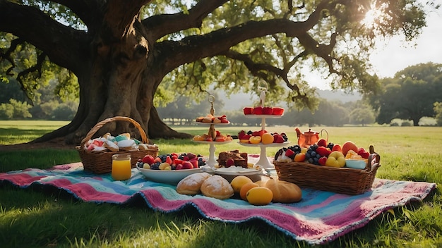 Picnic in the park with a basket of fruit and berries