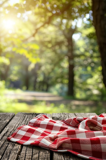 Photo picnic red table cloth on wooden table generated by ai