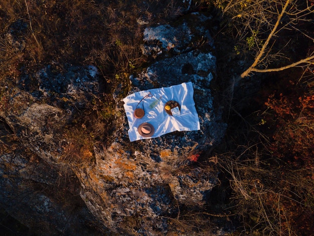 Picnic on the rocky mountain outdoors