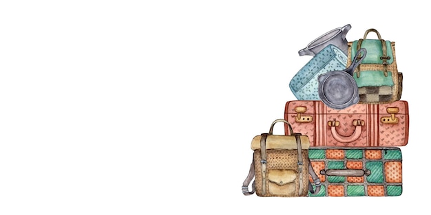 Picnic set in backpack and suitcase Watercolor illustration