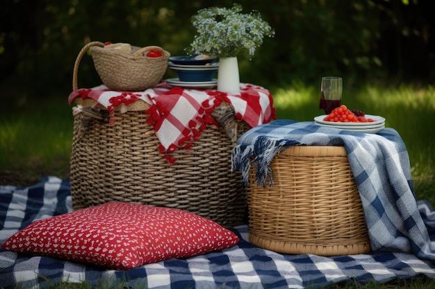 Picnic setup with red white and blue checkered blanket and basket created with generative ai