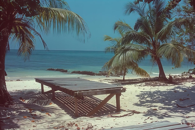 a picnic table on a beach with palm trees and a beach chair