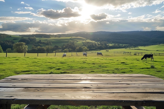 Photo a picnic table is in a field with cows in the background