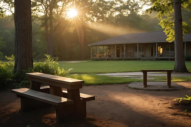 a picnic table is in front of a house with the sun shining through the trees