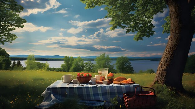 A picnic table is set up in a field overlooking a lake