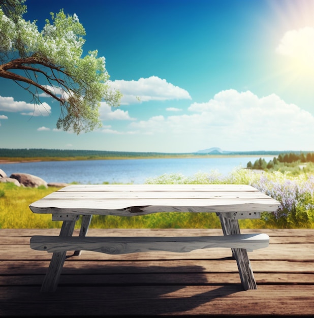 A picnic table is on a wooden deck with a view of a lake and a tree with purple flowers.