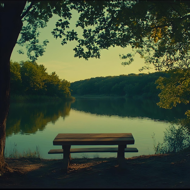 Photo a picnic table sits in front of a lake with a tree in the background